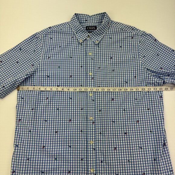 Chaps Shirt Men XXL Blue Gingham Check Short Sleeve Fly Fishing Print Easy Care - Picture 9 of 11